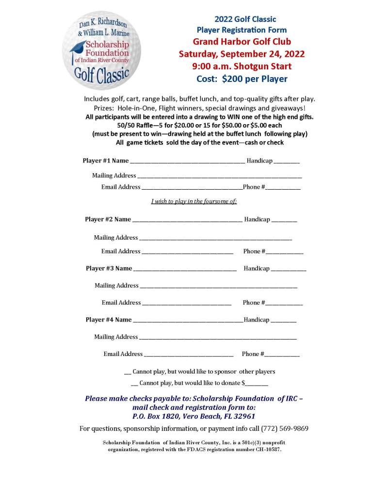 2022 Golf Player Registration Sign Up Sheet