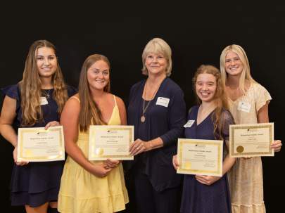 2023 Richardson Scholars, with Nancy Richardson Luther (center):   From left, Arabella Hepler, Marie Mazzarella, Victoria Dowdell, and Taylor Wolfe